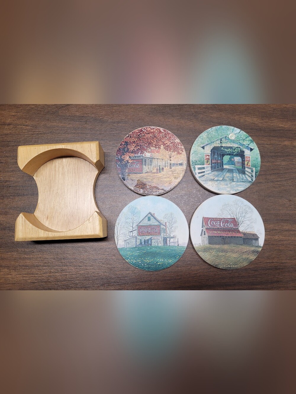 Jim Harrison Vintage Coca Cola Coasters Set Of 4 With Wood Holder